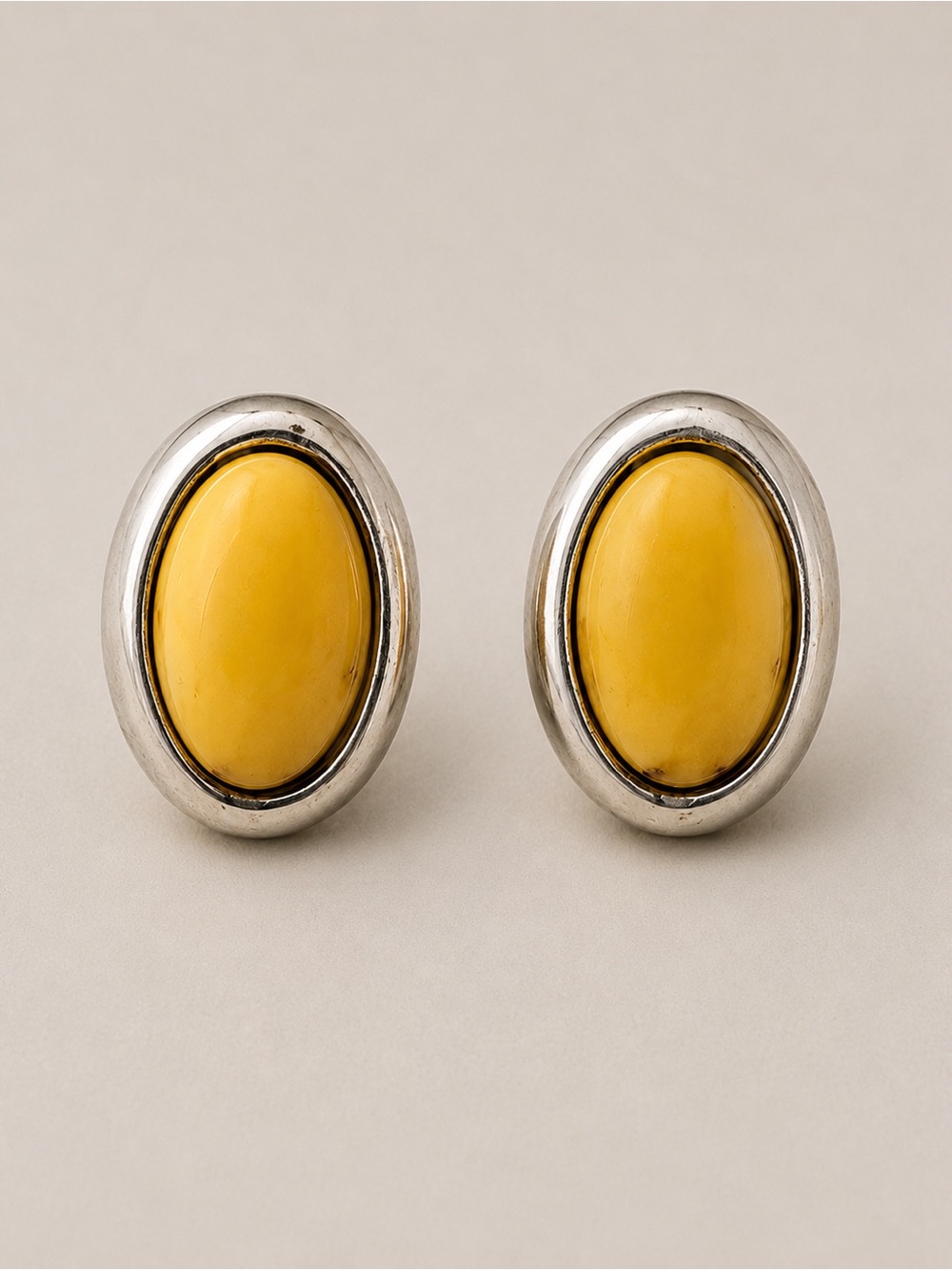 925 Sterling Silver Yellow Oval Cabochon Stud Earrings